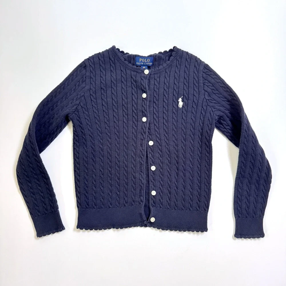 Polo Ralph Lauren Mini Cable Knit 100% Cotton Cardigan Girls Size Small 7 Navy